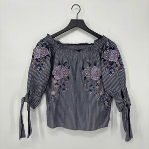 American Eagle Striped Embroidered Blouse Top Womens XS Blue White Boho Cottage